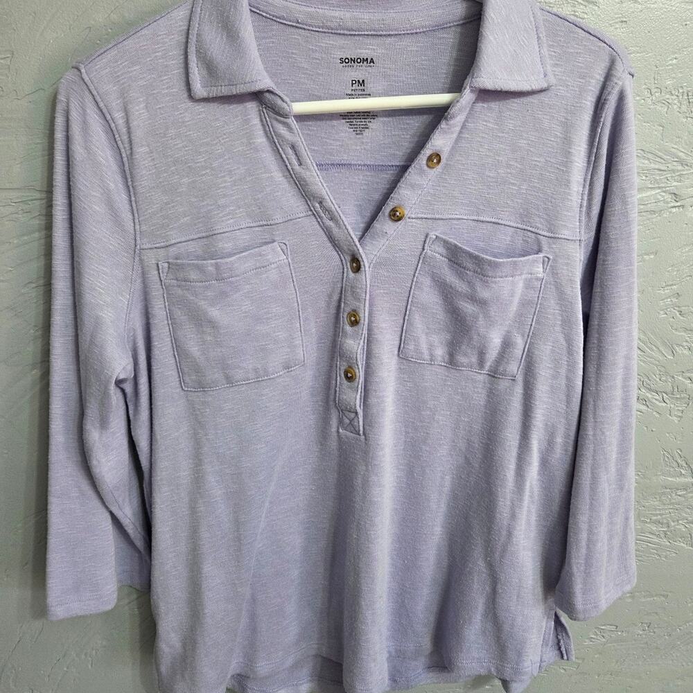 Sonoma Woman's Purple 3/4 Sleeve Half Button Up Shirt size PM(petites)